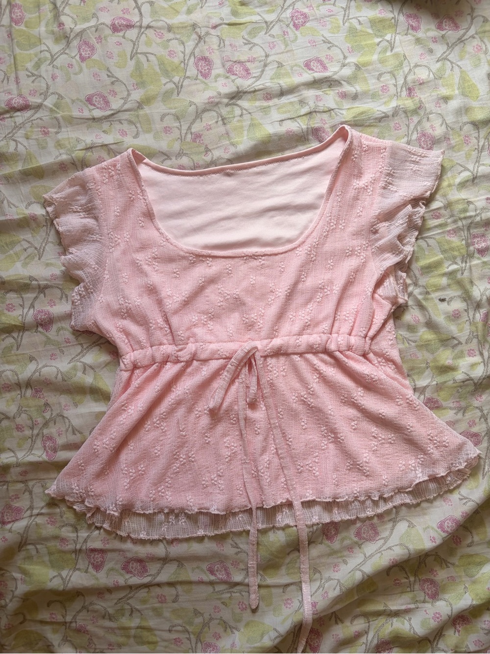 Women's Light Pink Lace Tie-Waist Peplum Blouse
